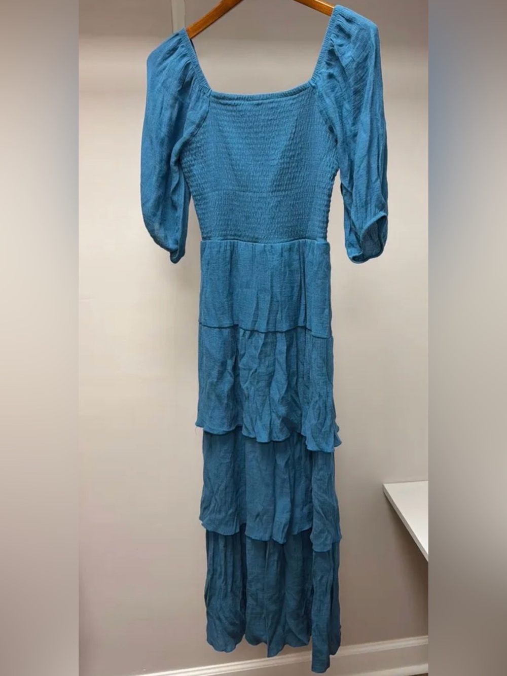 Blue Tiered Puff-Sleeve Maxi Dress